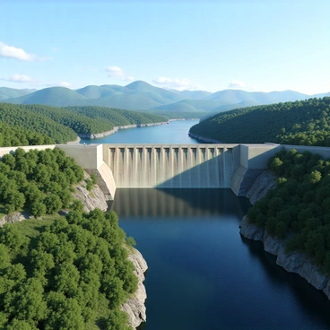 A bird's eye view of a large concrete dam stretching across a wide river. The dam has a series of spillway gates and a textured surface reflecting sunlight. Surrounding the dam is a lush landscape featuring green hills and dense forests. In the distance, there are rolling mountains under a clear blue sky, with a few wispy clouds. The river below the dam is a deep blue, and the sheer scale of the structure contrasts with the natural beauty of the surrounding environment.