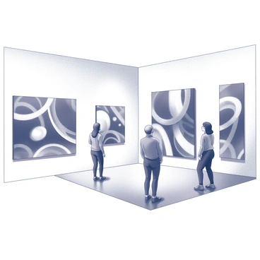 A section of an art gallery with white walls displaying several bold abstract modern art paintings. The paintings vary in size and are arranged in a dynamic composition across the walls. Each painting features intricate shapes, lines, and forms that create a sense of movement and depth. The floor is polished and reflective, adding a contemporary feel to the space. There is a soft spotlight illuminating each artwork, enhancing the contrasts and textures present in the pieces. Visitors can be seen admiring the art, engaging with the vibrant and thought-provoking works on display.