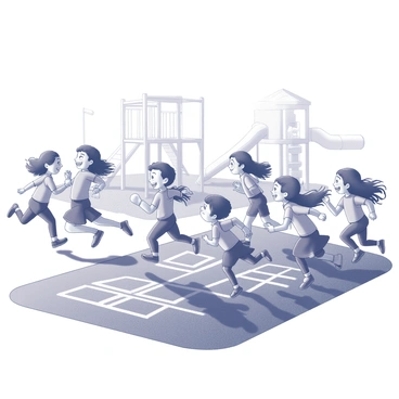 A group of children is running energetically across a schoolyard. The children are of diverse ethnicities, each displaying expressions of joy and excitement. Some are playing tag, while others are skipping rope or tossing a ball. The schoolyard has a blacktop area with several painted game outlines, including hopscotch and four square. In the background, there is a playground structure with slides and swings, with a few children climbing and sliding. The sun is shining brightly above, and the grassy areas are dotted with scattered backpacks.