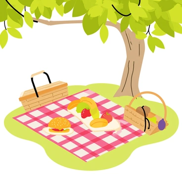 A picnic scene set in nature, featuring a checkered blanket spread out on the grass. On the blanket, there is a golden croque monsieur placed next to a variety of colorful fruit, including red strawberries, yellow bananas, and green grapes. A large tree with broad green leaves provides shade over the picnic area, creating a cozy atmosphere. A wicker basket is partially open nearby, suggesting more treats waiting to be enjoyed. The sun filters through the tree branches, casting playful shadows on the blanket.
