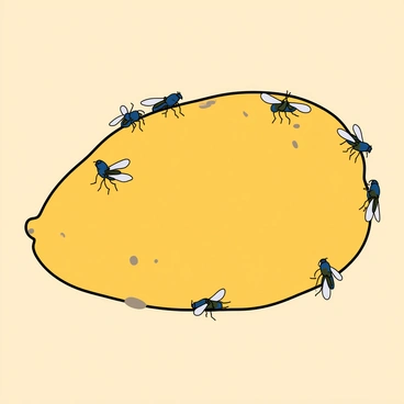 A cluster of small fruit flies with iridescent bodies and delicate wings is resting on the surface of a yellowish-brown overripe mango. The mango has a slightly wrinkled peel, indicating its ripeness, with some dark spots scattered across the surface. The fruit flies are perched in various positions, some with their wings slightly spread, and others with their legs tucked in. The background features a simple, neutral color that highlights the vibrant colors of the mango and the tiny insects.