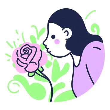 A person leaning forward to smell a blooming rose with their nose