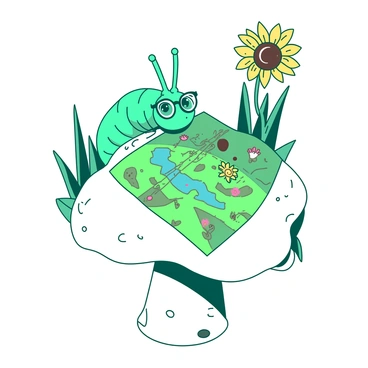 A teal curious caterpillar wearing round reading glasses is perched on top of a large white mushroom. The caterpillar is intently studying a colorful map of a garden that is spread out before it on the mushroom's cap. The map features various paths and drawings of flowers and plants. In the background, there are a few tall green blades of grass and a bright sunflower peeking over the edge of the mushroom, adding depth to the scene. The caterpillar's antennae are pointed forward, showing its eagerness to learn about the garden.