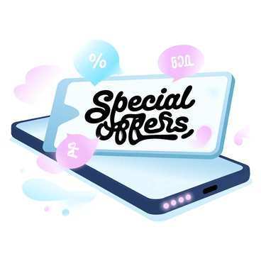 A smartphone is resting on a wooden table, showing a vibrant sales app screen. The screen displays bold text with "Special Offers" prominently featured in the center. Around the text, various colorful pop-up icons indicate different discounts, each showcasing unique designs like percentage symbols and tag icons. The background of the smartphone is sleek and modern, enhancing the overall visual appeal of the scene. Soft ambient light reflects off the phone's surface, highlighting the sleek edges.