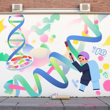 A large wall mural features "DNA polymerase" represented as a friendly, anthropomorphic character adding "vibrant colors" to a spiraling "DNA helix." The DNA helix is depicted in a gradient of colors, showcasing shades of blue, green, pink, and yellow. The polymerase is illustrated holding a paintbrush, dipping it into a palette filled with various bright colors. The background is filled with abstract splashes of paint and graffiti tags, enhancing the dynamic urban feel of the artwork. The scene conveys a sense of creativity and scientific exploration intertwined with street art.