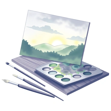 A watercolor palette rests on a wooden table, its sections filled with various hues of paint. Several paintbrushes of different sizes lie scattered near the palette. In front of them is a partially completed landscape painting, showcasing rolling hills under a cloudy sky. The brushes have remnants of paint on their bristles, indicating recent use. The canvas displays visible brush strokes with wet paint blending at the edges, revealing areas of green foliage and hints of yellow sunlight breaking through the clouds.