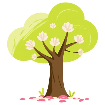 A grand magnolia tree with a thick, sturdy trunk and large, glossy green leaves stands tall. Its branches are adorned with big, creamy-white flowers, some in full bloom, while others are just beginning to open. The ground beneath the tree is carpeted with fallen pink and white petals, creating a soft, colorful layer around the base. A few petals are gently swirling in the breeze, adding a sense of movement to the scene. Sunlight filters through the leaves, casting dappled shadows on the ground.