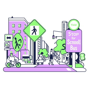 A bustling urban area filled with various street signs displaying safety messages. In the foreground, a green sign reads "Caution: Pedestrians Ahead" with an icon of a walking person. Next to it, a purple sign states "Stop for School Buses" accompanied by an image of a school bus. In the background, multiple signs are visible, including a green "Yield" sign and a purple "No Parking" sign. The scene is lively with people walking, bicycles parked nearby, and tall buildings surrounding the streets.