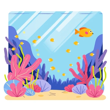 An underwater scene featuring a variety of colorful fish swimming among vibrant corals. The corals display glowing hues of pink, purple, and blue, illuminating the surrounding water. Schools of small, bright yellow fish dart playfully among the corals, while a larger, majestic orange fish gracefully glides through the scene. Sunlight filters down from the surface, creating shimmering patterns on the sandy ocean floor. Seaweed gently sways with the current, adding to the liveliness of the environment.