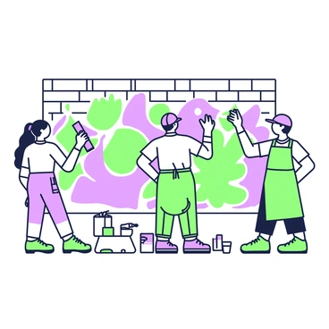 A group of three artists is actively engaged in painting a large mural on a brick wall. The first artist on the left has long hair tied back and is using a brush to apply green paint, creating intricate patterns. The second artist in the center, wearing a cap, is using a spray can to add vibrant shapes with purple accents, while occasionally stepping back to view the mural as a whole. The third artist on the right, dressed in an apron, is carefully detailing a section with a small brush, focusing on fine lines and textures. Various paint cans in green and purple are scattered around their feet, and the wall features sections of abstract forms that blend their distinct styles together.