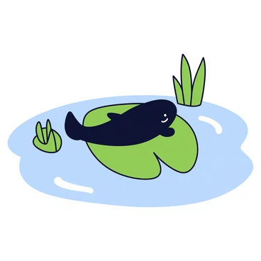 A tadpole with a smooth, dark body is resting on a green floating water plant with broad, round leaves. The tadpole is positioned comfortably atop the leaf, with its tail slightly curled. The water surrounding the plant is a soft blue, reflecting gentle ripples. In the background, there are hints of more aquatic plants, providing a sense of a tranquil water environment.