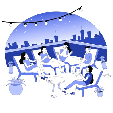A rooftop gathering is taking place, featuring a group of friends sitting together on lounge chairs. They are surrounded by a low railing, providing a view of the night sky filled with stars. Some friends are holding drinks, while others are engaged in conversation. A small table is nearby, holding snacks and a flickering candle. String lights are hung above, casting soft light around the area, and there are potted plants adding a touch of greenery. The backdrop includes a skyline of buildings silhouetted against the starry sky.