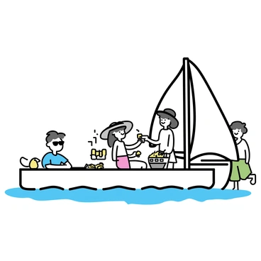 A group of four friends sitting on the deck of a sailboat, surrounded by a calm sea. One friend, wearing a blue t-shirt and sunglasses, is laying on a picnic blanket. Another friend, dressed in a white dress and a wide-brimmed hat, is holding a basket filled with fruits and sandwiches. The third friend, in red shorts and a striped tank top, is pouring lemonade into glasses. The fourth friend, wearing green cargo pants and a light jacket, is taking a photo of the scene. The sailboat's sails are partially unfurled, gently catching the wind.