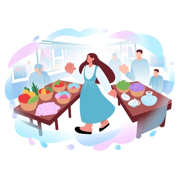 A Kazakh girl wearing a traditional dress is strolling through a vibrant market filled with an array of colorful fruits displayed in baskets. She is examining a selection of handmade crafts, including intricately designed textiles and pottery, that are arranged on wooden tables. Various shades of pastel colors create a lively atmosphere around her, enhancing the market's bustling environment. In the background, other shoppers and vendors are interacting, adding to the dynamic scene.