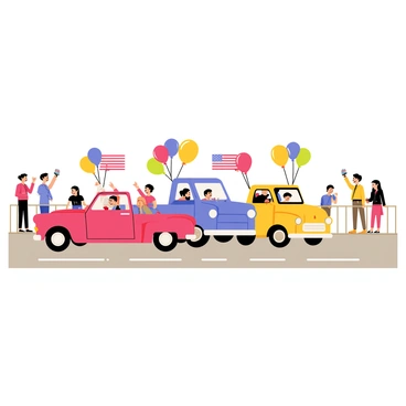 A small-town parade with a vibrant atmosphere, showcasing a lineup of classic American cars. Each car is adorned with colorful flags fluttering in the breeze. The vehicles include a shiny red convertible, a bright blue pickup truck, and a vintage yellow sedan. Spectators line the sidewalk, waving their own flags and smiling as they take in the festive scene. Balloon bouquets in various colors are tied to the car antennas, adding to the cheerful ambiance of the parade.