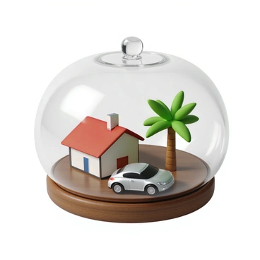 A glass piggy bank with a rounded shape, featuring a smooth, transparent surface that allows visibility of the contents inside. The piggy bank is filled with various miniature symbols related to retirement. There is a small, detailed model of a house with a red roof, a shiny silver car with realistic features, and a vibrant green palm tree with a curved trunk. The piggy bank is positioned on a wooden surface, and soft light reflects off its glass surface, creating subtle highlights and shadows.