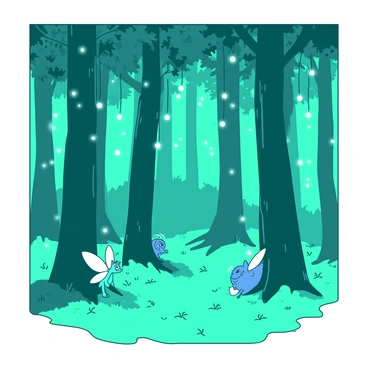 A vibrant teal forest filled with tall, lush trees whose leaves shimmer in the light. Twinkling white lights hang delicately from the branches, creating a magical atmosphere throughout the scene. Various magical creatures, such as small fairies with translucent wings and glowing eyes, peek out from behind the tree trunks. In the underbrush, a curious blue creature with bright eyes is observing its surroundings. The ground is covered in soft green moss, adding to the enchanted feeling of the forest.
