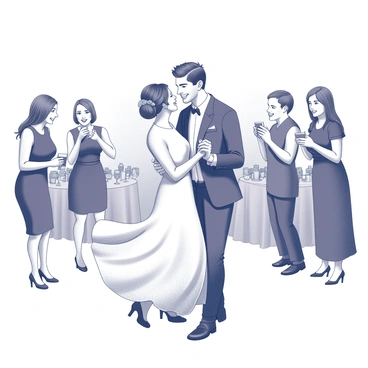A couple is dancing closely together at a wedding reception, both wearing elegant attire. The woman has her hair styled in an updo, and a flowing dress that sways as they move. The man is dressed in a suit, holding her gently as they twirl. Surrounding them, guests are clapping and smiling, some holding drinks, while others are capturing the moment with their phones. The atmosphere is lively, with decorations and tables set up around the dance floor.