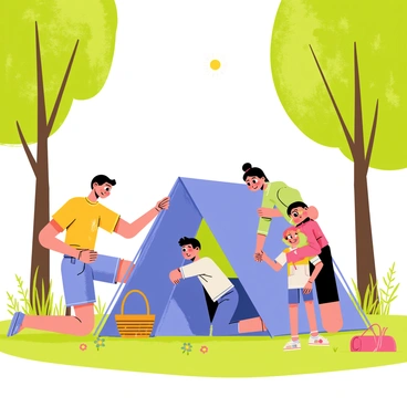 A family of four is working together to set up a colorful blue tent in a green forest clearing. The parents are kneeling on the grass, inserting poles into the tent's fabric, while the two children are holding the tent steady. Tall trees with dense green leaves surround the clearing, and a few wildflowers are scattered on the ground. The sun is shining through the branches, creating dappled light on the scene. A picnic basket and a rolled-up sleeping bag are placed nearby, indicating their plans for a fun camping adventure.