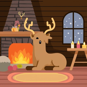 A reindeer with a thick brown coat and large antlers is resting comfortably beside a crackling fireplace. The fire casts a warm glow, illuminating the wooden interior of the cozy log cabin. The walls are made of dark logs, and a few rustic decorations, like antler mounts and patterned blankets, adorn the space. A small, round rug lies on the wooden floor, and a few flickering candles are placed on a wooden table nearby. Outside, snowflakes can be seen falling softly through the window, enhancing the warm atmosphere inside.