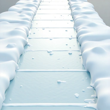 A sidewalk, covered in a thin layer of ice, reflects a shimmering surface that glistens softly in the dim light. The ice has a smooth, transparent quality, showing faint patterns beneath, as if capturing the early evening glow. The edges of the sidewalk are lined with uneven patches of snow, contrasting with the icy sheen. Above, the sky is overcast, creating a muted atmosphere that enhances the icy textures on the ground. Small, scattered pebbles are visible through the clear ice, adding subtle detail to the scene.