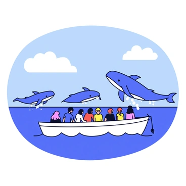 A boat filled with tourists is floating on a calm ocean. The tourists are leaning over the sides of the boat, captivated by a pod of whales swimming nearby. The whales are breaching the surface, with one whale fully arching its back above the water, splashing droplets that catch the sunlight. Surrounding the boat is a clear blue sky with a few fluffy white clouds scattered about.