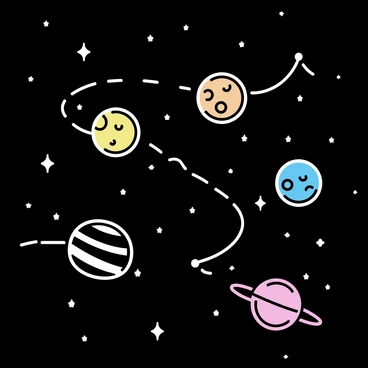 A series of colorful planets suspended in space, each one distinctly illustrated with unique patterns and textures. They are connected by a long, shining cosmic fishing line that twists and turns across the image. The background is a deep, dark expanse, filled with scattered stars twinkling in various sizes. The planets include one with rings, another with craters, and a third that appears striped. Each planet is positioned at different angles, creating a dynamic composition.