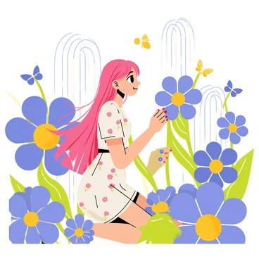 A young anime girl with long, flowing pink hair kneels in a vibrant mystical garden. She wears a delicate dress adorned with floral patterns. Surrounding her are oversized flowers in vivid shades of blue, purple, and gold, each blooming with intricate details. Sparkling fountains with crystal-clear water are strategically positioned throughout the garden, their water cascading gently and catching the sunlight, creating a glimmering effect. The girl gently tends to a large flower, her expression focused and serene, while butterflies of various colors flutter around her, adding to the enchanting atmosphere.