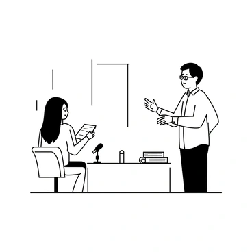 A tutor standing on a small stage, facing a student who is seated on a stool. The tutor, a middle-aged man wearing glasses and a button-up shirt, is using hand gestures to emphasize his coaching points. The student, a young woman with shoulder-length hair, is holding a stack of notes and looking attentively at the tutor. Various books and a small microphone are positioned on a table nearby. The backdrop features a simple curtain, adding depth to the small stage setting.