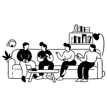 A cozy living room with a large, comfortable sofa and several armchairs arranged around a low coffee table. A diverse group of friends sits together, each engaged in lively discussion about a book. One friend is holding an open book, while another is leaning forward, animatedly sharing their thoughts. A shelf filled with various books is visible in the background. A warm lamp casts soft light across the room, and a steaming cup of tea sits on the coffee table.