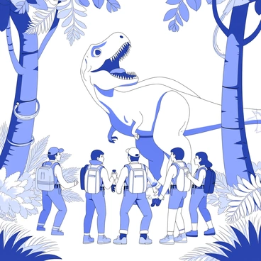 A group of explorers stands in a dense prehistoric jungle. They are positioned in a semi-circle, facing a roaring T-Rex. The explorers are equipped with various gear, including backpacks, binoculars, and handheld tools. The T-Rex is massive, with sharp teeth exposed in a fierce roar. Its muscular legs are tensed, indicating a powerful stance. Surrounding the scene are tall ferns and colossal trees, with thick vines hanging down. The ground is uneven and covered with dense underbrush, creating an immersive atmosphere.