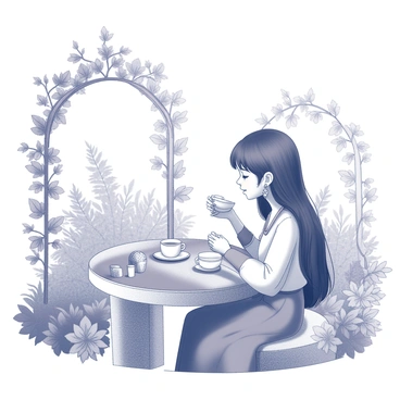 A girl with long hair wearing "jhumkas" sits at a small, round table. She is holding a delicate cup of tea with both hands, taking a gentle sip. Surrounding her is a charming garden filled with lush green plants and a variety of blooming flowers. The table is adorned with a bright tablecloth, and there are small decorative items placed on it. In the background, there are intricately designed trellises covered in climbing vines, adding to the enchanting atmosphere of the garden. The girl's expression is one of contentment as she enjoys her tea in this serene setting.