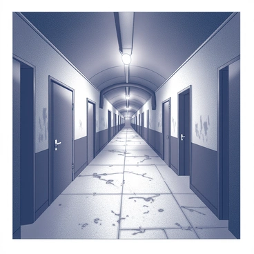 A long corridor stretches into the distance, illuminated by flickering overhead lights. The dim light creates a play of shadows that dance across the walls, revealing the texture of peeling paint and rough surfaces. The corridor is lined with heavy, dark wooden doors on either side, some slightly ajar, hinting at the secrets they may hold. The floor is made of worn tiles, some cracked and uneven, adding to the atmosphere of neglect. The ceiling is high and arching, with visible piping running along its length.