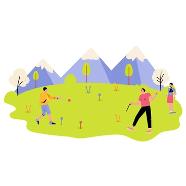 A bright green mountaintop serves as the setting for a lively croquet game. Players in colorful outfits are engaged in the game, with one person swinging a mallet to hit a pink croquet ball. Various brightly painted wooden hoops are positioned on the grassy surface, creating a challenging course. In the background, majestic mountains and a clear blue sky are visible, enhancing the adventurous atmosphere. A few trees with light foliage can be seen surrounding the game area, adding to the natural beauty of the scene.