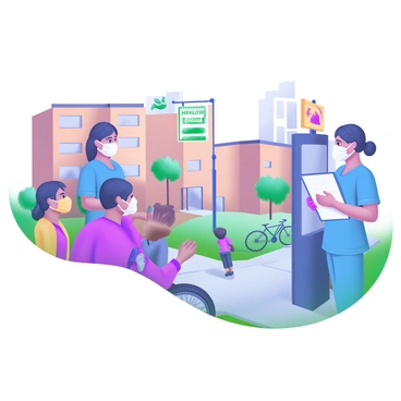 A modern pastel illustration depicting health workers wearing protective masks and blue scrubs conducting tuberculosis screenings in an urban neighborhood. The scene includes two health workers with clipboards in hand, interacting with a diverse group of residents. The background shows brick buildings, a small park with green trees, and children playing nearby. A signpost with a health information sign is visible in the scene, along with a few bicycles parked along the sidewalk.