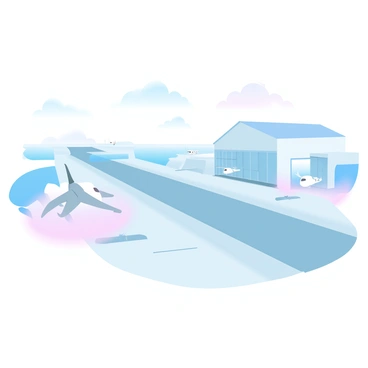 A modern airstrip designed for executive jets is visible in the image. The airstrip features a smooth, well-maintained runway extending into the distance. Several sleek executive jets are parked in designated areas alongside the runway. The buildings surrounding the airstrip exhibit a minimalist design with clean lines and large glass windows. The color palette consists of gradient pastel tones that blend harmoniously, enhancing the overall contemporary atmosphere. A few modern hangars are positioned strategically, showcasing their functional architecture without excessive decoration. The scene is bathed in soft, diffused light, emphasizing the streamlined aesthetic of the airstrip.