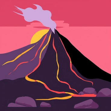 A landscape dominated by a large volcano with a jagged peak. The volcano has molten lava flowing down its sides, glowing bright orange and red as it moves over the dark, rocky terrain. Thick, billowing smoke rises from the top of the volcano, blending into the sky. Surrounding the volcano, there are scattered rocks and patches of blackened earth, illustrating the harsh environment. The sky is filled with a gradient of deep reds and purples as the sun sets behind the volcano.