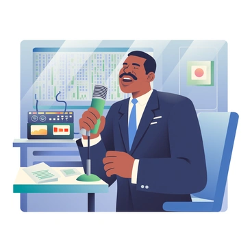 Malcolm X, a Black man with a well-groomed mustache and wearing a sharp, dark suit, is standing in front of a vintage radio microphone. He has a focused expression as he speaks passionately into the microphone, conveying his message. The small studio is filled with sound equipment, including a large mixing console with various knobs and sliders. Behind him, a wall lined with acoustic panels absorbs sound. A soft light illuminates the scene, highlighting his features. On a nearby table, there are notes and papers scattered about, emphasizing the intensity of the broadcast.