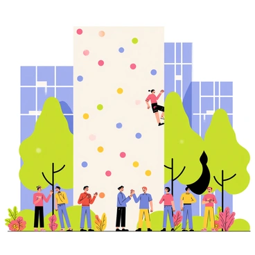 A vibrant urban climbing wall with multicolored holds stands tall in the center of a city park. The wall is surrounded by lush green trees and colorful flowering plants, creating a lively atmosphere. Groups of diverse onlookers are positioned around the climbing wall, some clapping and cheering for the climbers. A clear blue sky fills the background, adding to the bright and energetic scene.