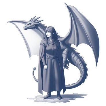 A person dressed in dark medieval clothing stands confidently. This figure has long, unkempt black hair and a serious expression. Behind this person, a large dragon is positioned, its wings partially extended, showcasing intricate textures and scales. The dragon's fierce gaze is directed forward, emphasizing its power. The ground is rugged, adding to the sense of a dramatic scene. A sense of tension and strength fills the air, highlighting the bond between the person and the dragon.
