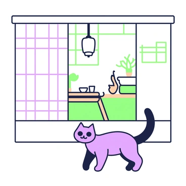 A curious cat is peering through a shoji screen. The cat has a sleek fur coat and is in a crouching position, with its eyes wide open and tail slightly raised. The shoji screen has a delicate grid pattern, framing the cat's silhouette against the interior of a traditional Japanese house. Inside, there is a wooden tatami mat and a low table with a teapot and two cups placed on it. A paper lantern hangs from the ceiling, providing soft light, and a small bonsai tree is positioned on a windowsill. The scene captures an intimate moment of the cat's exploration.