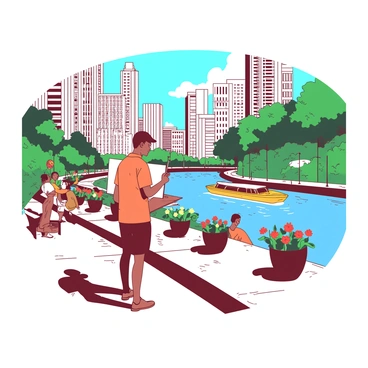 An orange illustrator stands on the Chicago Riverwalk, surrounded by tall buildings and vibrant greenery. The illustrator is focused on a canvas, brush in hand, capturing the scene. In front of the illustrator, the blue water of the river reflects the sunlight, while people stroll along the walkway, some sitting on benches. Nearby, a yellow boat glides along the river, adding to the lively atmosphere. Colorful flowers are blooming in planters along the path, enhancing the cheerful environment.
