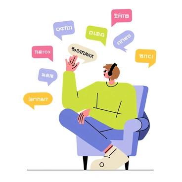 A person sitting comfortably in a chair, wearing black headphones. The individual has short brown hair and is focused, looking slightly to the side. Around the person, colorful speech bubbles in various shapes are floating. Each speech bubble contains text in different languages, showcasing a diverse array of scripts and characters. The background is simple to emphasize the person and the lively speech bubbles.