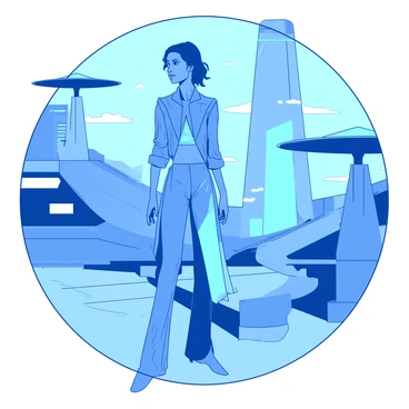 A model is standing confidently in a sci-fi setting, wearing a sleek outfit designed by Issey Miyake made of metallic fabric that reflects light. The outfit features sharp lines and futuristic shapes that enhance the model's silhouette. Surrounding the model are geometric structures with glowing accents that suggest advanced technology. The atmosphere is filled with a gentle blue glow, creating an otherworldly ambiance. In the background, there is a series of hovering platforms with additional futuristic elements. The model gazes into the distance, exuding a sense of adventure and exploration.
