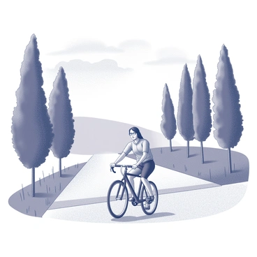 A person is riding a bicycle down a country road. The road is flanked by tall trees, creating a natural canopy overhead. The cyclist is wearing a casual outfit and has a relaxed posture, enjoying the ride. The background features a sunny sky with soft clouds, contributing to the peaceful atmosphere. The ground is dirt, with patches of grass visible alongside the road.