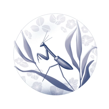 An orchid mantis positioned prominently in the center of the composition. The mantis has detailed features, including long, delicate legs that mimic the shape of orchid petals. Surrounding the mantis are intricate geometric patterns and elegant lines that flow gracefully throughout the image. The background includes stylized leaf motifs that complement the mantis, adding depth to the design. The overall arrangement highlights the mantis as a focal point while maintaining a sense of harmony within the composition.