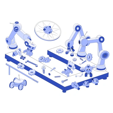 A playful assembly line is bustling with activity, dedicated to creating tiny robot toys. The assembly line features several workstations, each equipped with different tools and components. Tiny robot parts, including limbs, heads, and gears, are moving along the conveyor belt. Robotic arms are assembling the toys with precision, adding moving parts such as wheels and joints. There are small tools scattered across the workstations, with bright, shiny screws and bolts ready for assembly. A variety of tiny robot prototypes, each with distinct designs and expressions, are lined up for quality checks. The atmosphere on the assembly line is dynamic and energetic, emphasizing the playful nature of this production process.