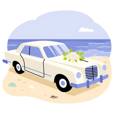 A sleek white wedding car with glossy finish is parked on a sandy beach. The car has elegant lines and a streamlined shape, with shiny chrome accents. In the background, the ocean is visible, with gentle waves lapping at the shore. The sky above is clear blue, with a few fluffy white clouds scattered. The sandy beach is dotted with seashells and small pieces of driftwood, adding texture to the scene. A floral arrangement is placed on the hood of the car, featuring white roses and greenery, enhancing the wedding theme.