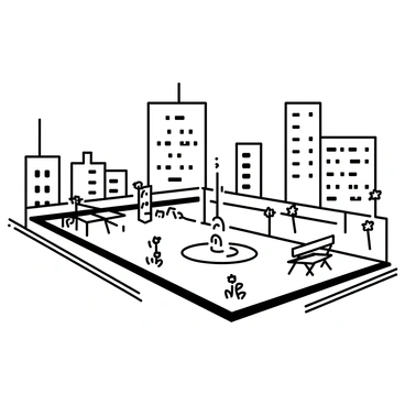 A rooftop garden situated atop an office building, featuring various plants and flowers arranged in neat rows. There are wooden benches placed around the garden for visitors to sit and relax. A small fountain is in the center, surrounded by greenery. In the background, the skyline of the city can be seen with tall buildings and a clear sky above. The scene conveys a sense of calm and a retreat from the bustling urban environment below.