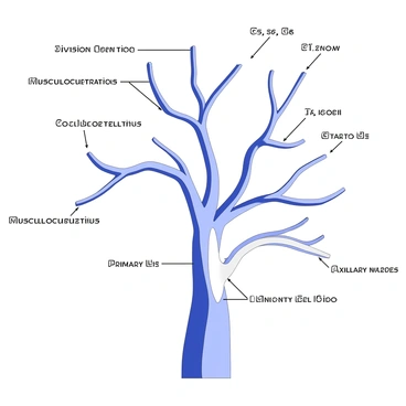 A simplified schematic drawing of the brachial plexus is displayed. The illustration consists of a central network of nerves branching out from the spinal cord, labeled to indicate various components. Primary trunks are shown, leading to divisions and cords, with clear, straight lines connecting each segment. Annotations provide information on the C5, C6, C7, C8, and T1 nerve roots, and labels for the musculocutaneous, median, ulnar, radial, and axillary nerves are prominently placed. The overall design is clean and organized for educational clarity.